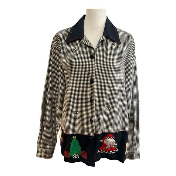LEMON GRASS Vintage Christmas Shirt Santa Reindeer Appliqué Black Check SZ L - Picture 2 of 16